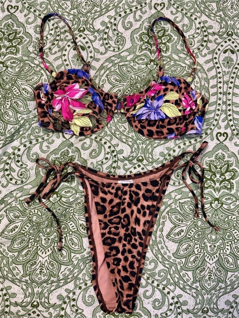 Leopard Print Floral Pink & Purple Bikini Set Padded Underwire Adjustable